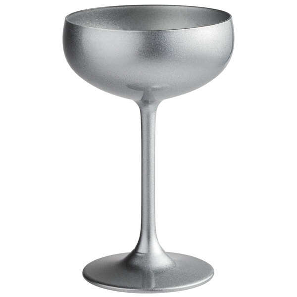 A silver wine glass with a stem on a white background.