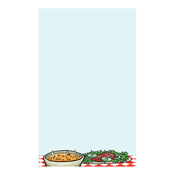 An illustration of a bowl of soup and a plate of salad on a red and white checkered tablecloth, with a large blank light blue space above.