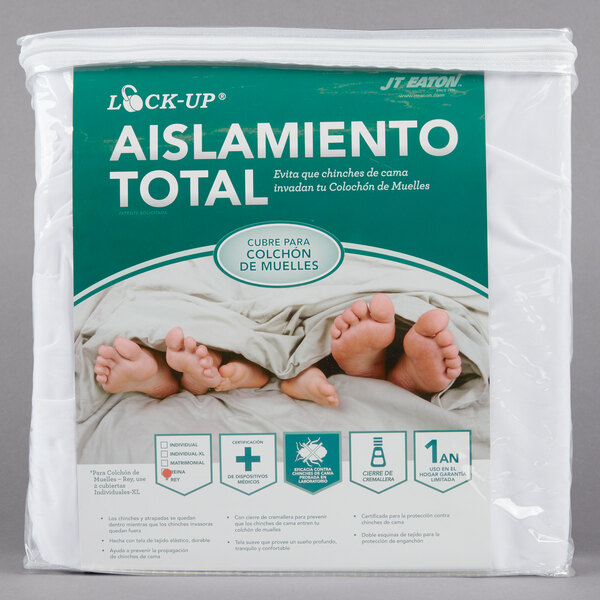 A white JT Eaton box spring cover with green and white lettering.