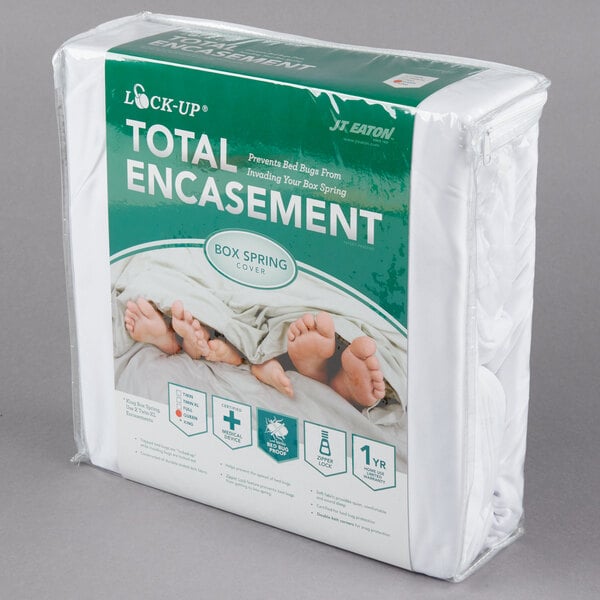 A white box with a JT Eaton Queen Size Bed Bug Proof Box Spring Cover inside.