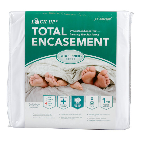 A queen size bed bug proof box spring cover in its packaging.