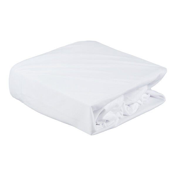 A folded white queen size bed bug proof box spring cover.