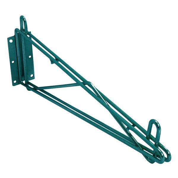 An Eagle Group green metal wall mounting bracket with two hooks.