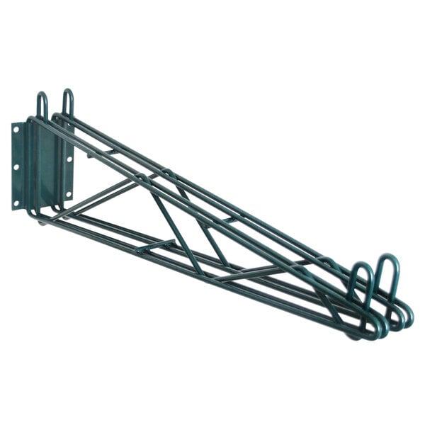 A metal frame with two hooks for Eagle Group green wire shelving.