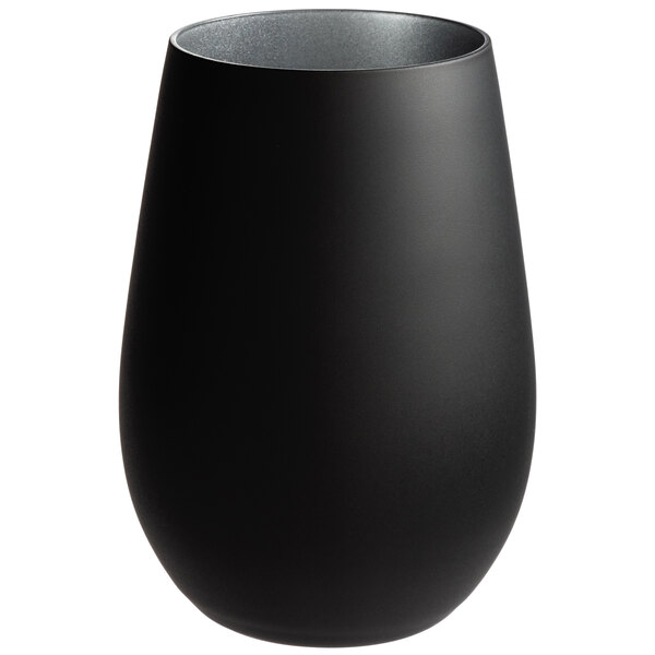 A matte black Stolzle wine tumbler with a silver rim.