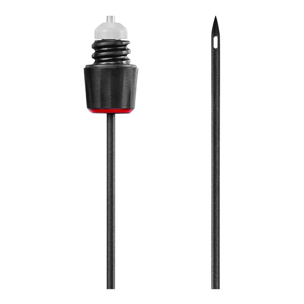 A black and red Coravin Faster Pour Needle with a white background.