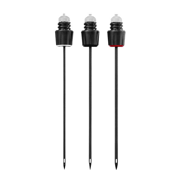 A group of black and red plastic rods with black and white caps.