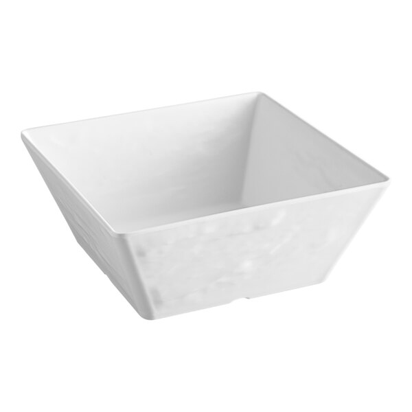 A white, square-shaped bowl with smooth surfaces and slightly flared sides.