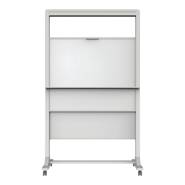 A mobile whiteboard easel with an aluminum frame, featuring a dual-track sliding panel and four caster wheels.