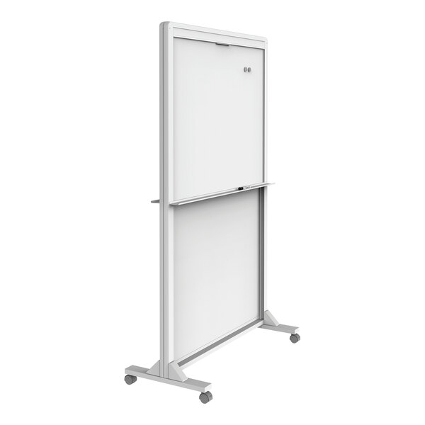 A tall, mobile whiteboard easel with an aluminum frame, featuring two writing surfaces and four caster wheels.