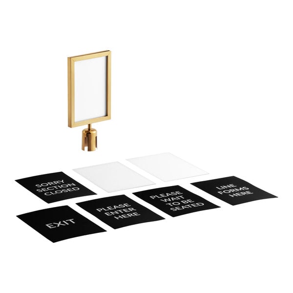 Lancaster Table & Seating Gold 8 1/2" x 12 1/2" Stanchion Sign Frame and Sign Set with Clear Covers