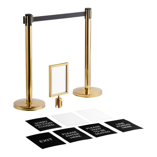 Lancaster Table & Seating Gold 36" Crowd Control / Guidance Stanchion Kit including Frame & Sign Set with Clear Covers