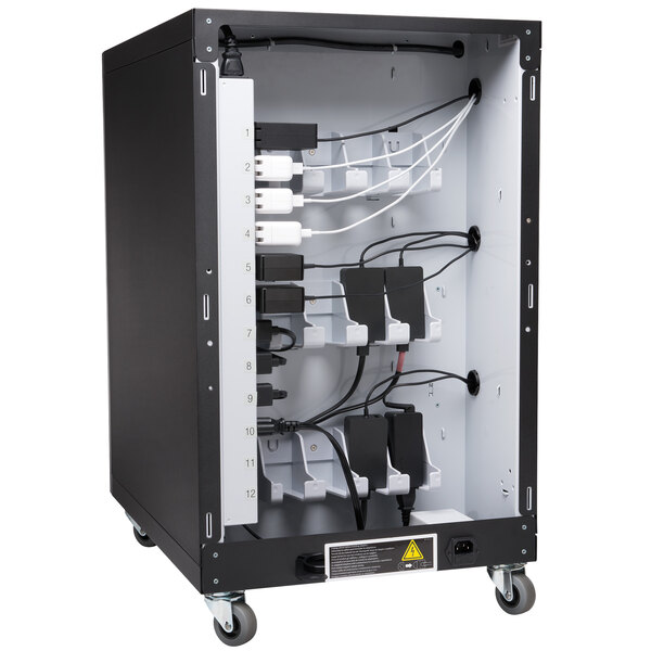 A black and white electrical box with cables inside.