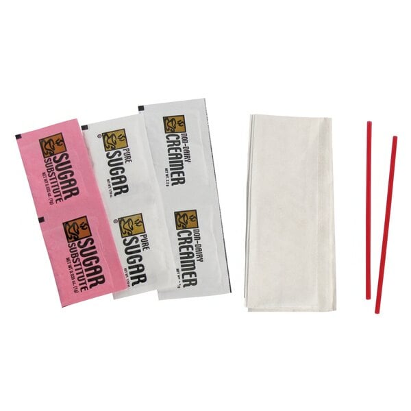 A clear plastic bag with a red stick and several packets of sugar.