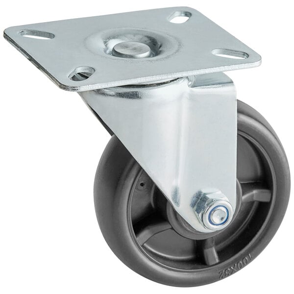 A black plate caster with a metal wheel and black rubber tire.