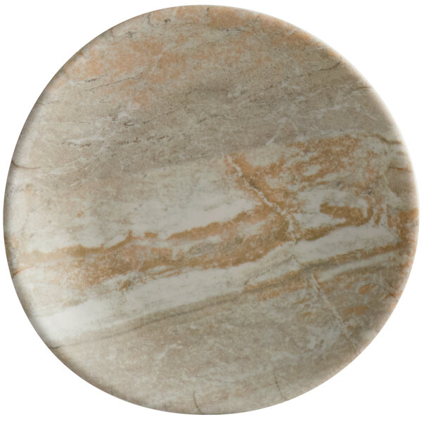 A close-up of Elite Global Solutions Santiago melamine plate with a marbled brown and white surface.