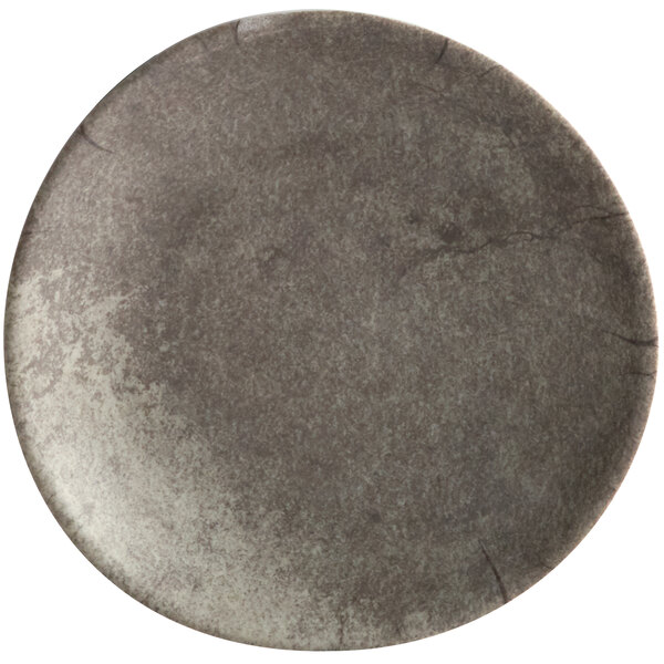A close-up of a grey Elite Global Solutions Santiago plate with a crack in the surface.