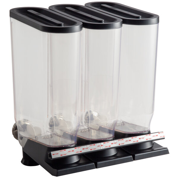 A Rosseto shelf mounted cereal dispenser with three clear plastic containers and black lids.
