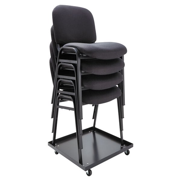 a stack of black chairs