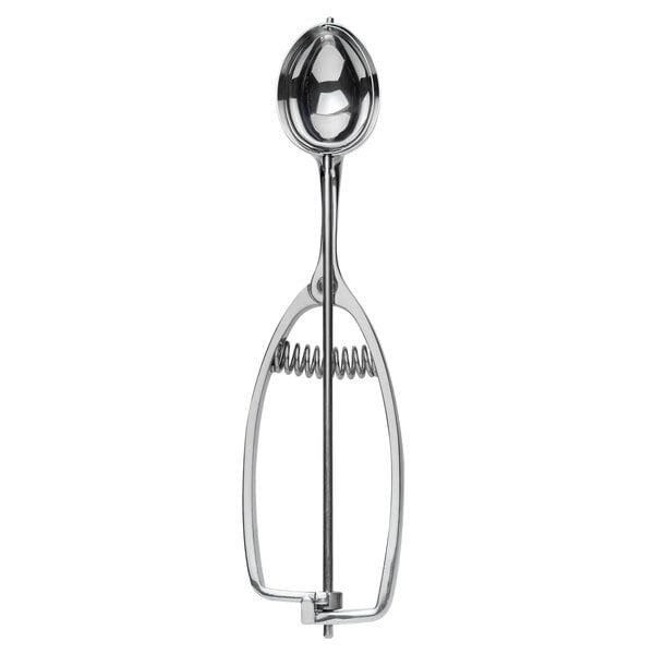 A Vollrath stainless steel oval ice cream scoop with a squeeze handle.