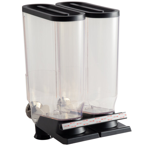 A Rosseto double cereal dispenser with two clear containers with black lids on a shelf.