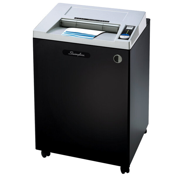 A black and silver Swingline paper shredder on a white background.