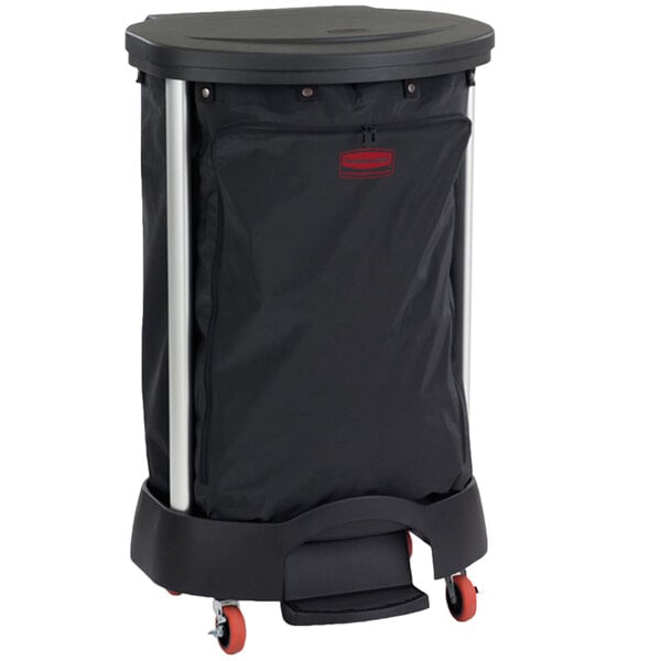 A Rubbermaid black linen hamper on wheels with a black bag on a metal frame.