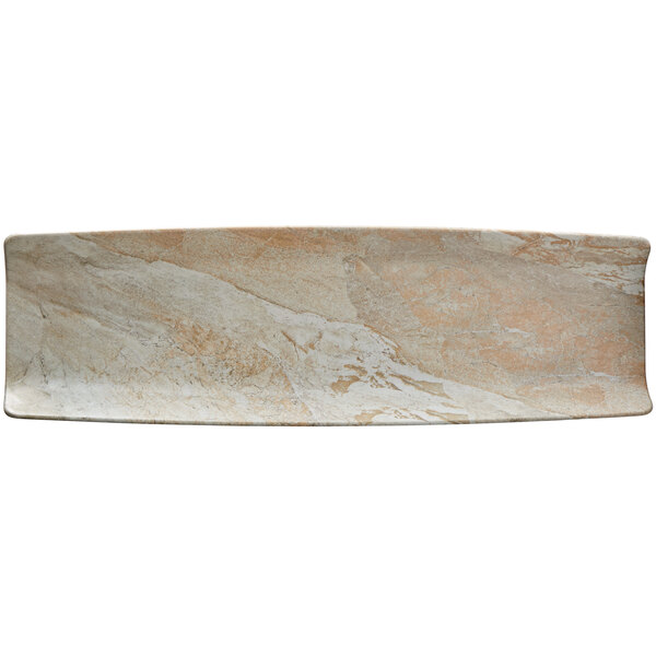A long rectangular Elite Global Solutions sandstone tray with a white marble pattern.