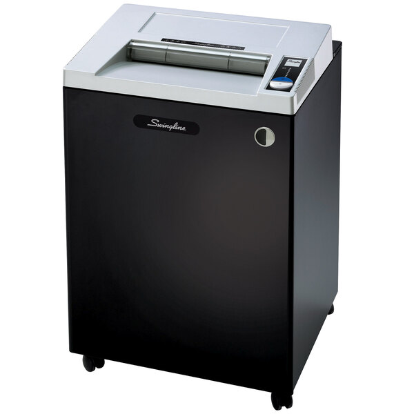 A black and silver Swingline CX30-55 paper shredder.