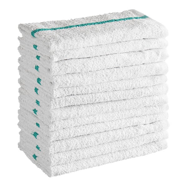 Choice 16" x 19" 32 oz. Green-Striped Cotton Bar Towel - 12/Pack