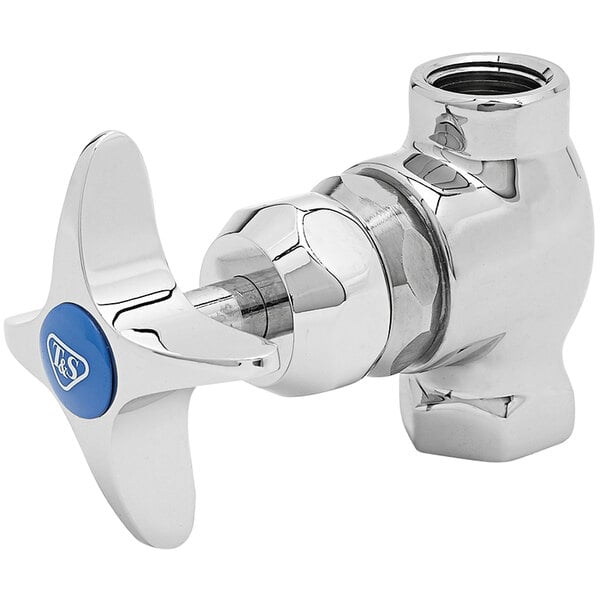 A chrome plated T&S water valve with a blue four-arm handle.