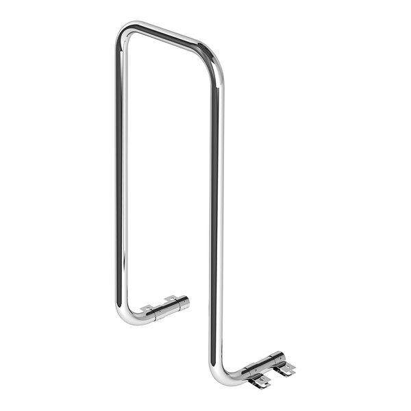 A chrome tubular steel handle for a dolly.