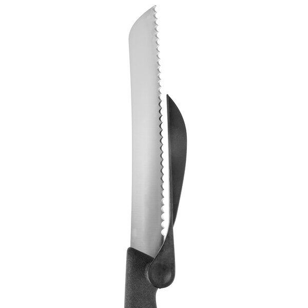 A MercerSlice bread knife with a black handle and silver blade.