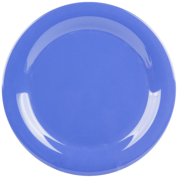 A close-up of a peacock blue melamine plate with a white narrow rim.