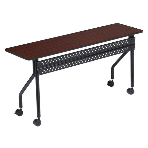 A brown Mahogany Iceberg OfficeWorks mobile seminar table with black legs and wheels.
