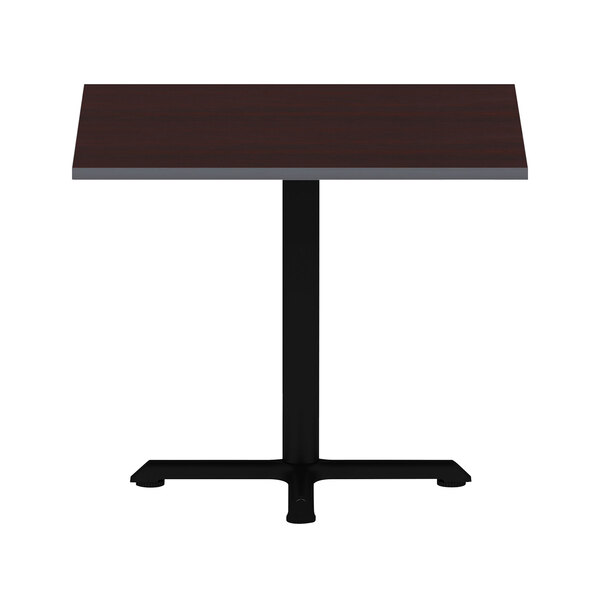 A brown and black Alera square laminate table top on a table with a black metal base.