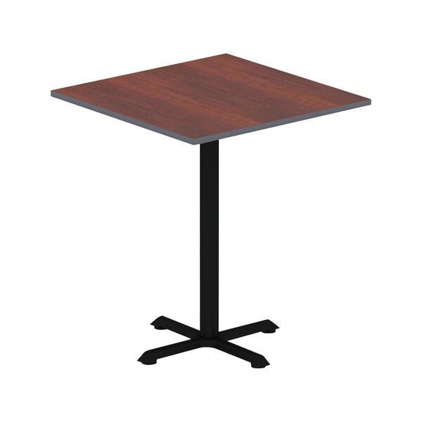 A square Alera cherry/mahogany laminate table top on a table with a black base.