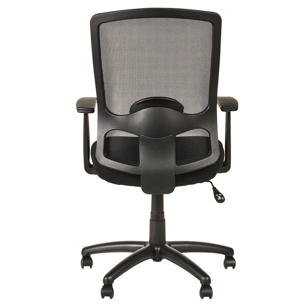 a black office chair with a black mesh back