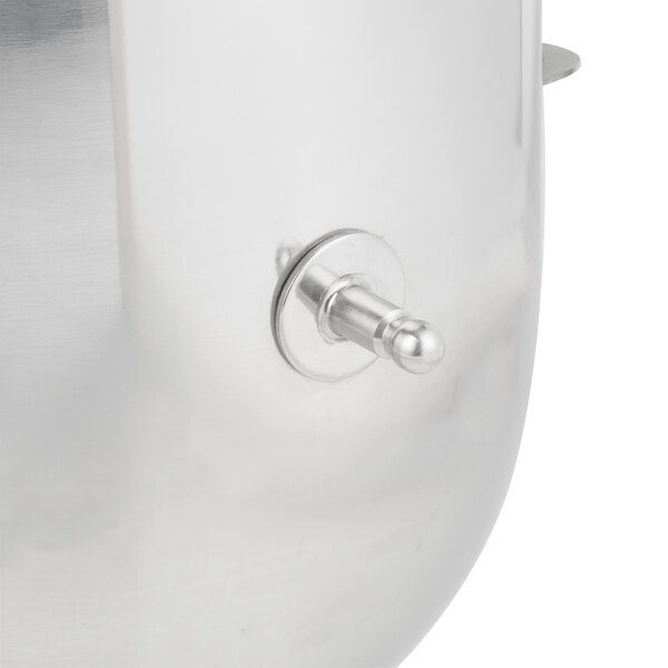 A silver Hobart stainless steel mixing bowl with a handle and a round knob.