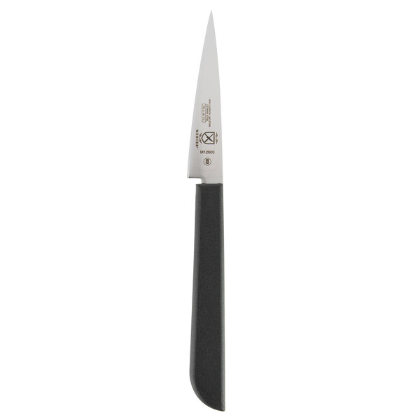A Mercer Culinary Garde Manger Japanese style carving knife with a black handle and white blade.