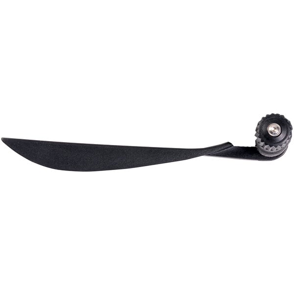 A black plastic triangle shaped slicing guide with a screw.