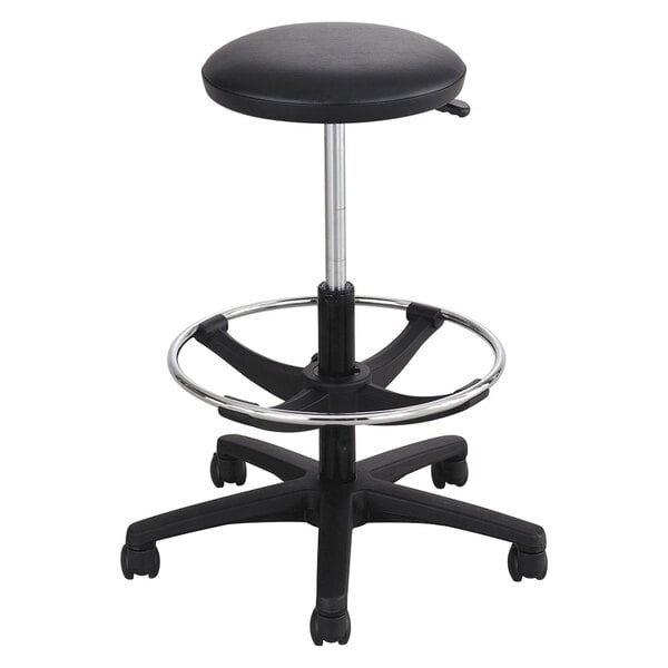 A black Safco extended-height lab stool with a round seat and wheels.