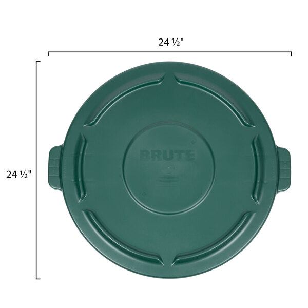 A green Rubbermaid BRUTE lid for a 44 gallon trash can with a handle.