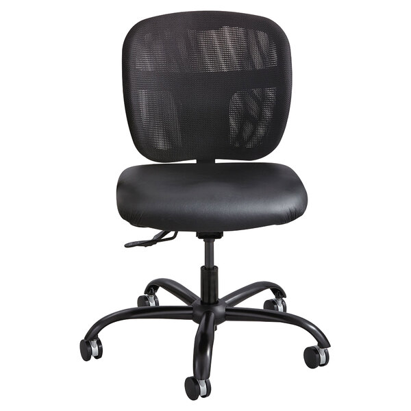 A black Safco Vue task chair with wheels and mesh back.