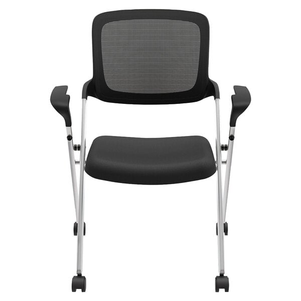 A black HON Assemble mesh nesting chair with a silver frame.