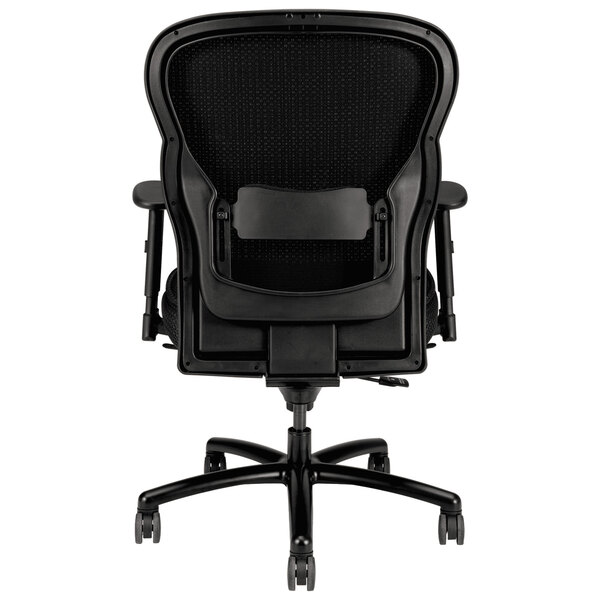 The back of a black HON Wave big and tall executive chair with mesh fabric.