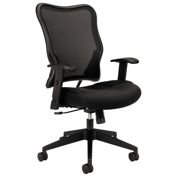 A black HON Wave mesh high-back office chair with armrests.