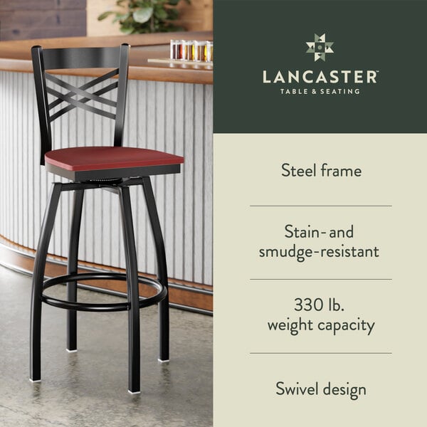 Graphic showing a mahogany seat bar stool with black frame, capacity, and swivel features.