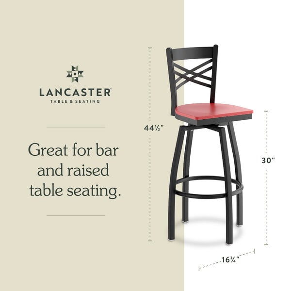 Graphic showing a mahogany seat bar stool with dimensions for bar and raised table seating.