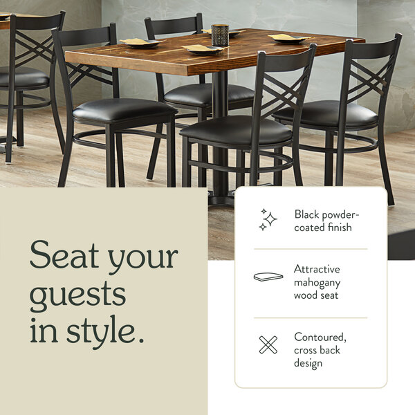 Graphic showing a mahogany seat bar stool with black frame and construction details.